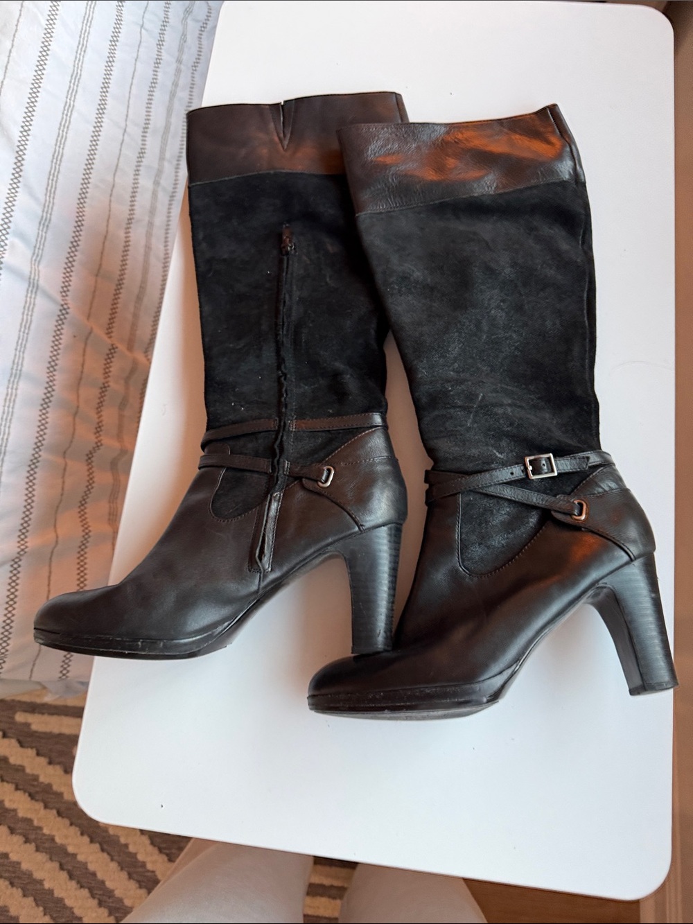 Lauren Ralph Lauren Black Leather and Suede Knee-High Heeled Boots